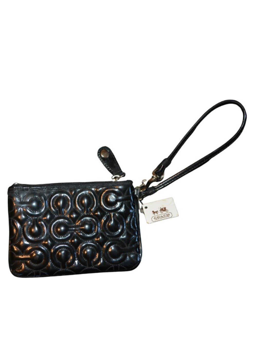 Coach Black Patent Leather Wristlet Pouch Signature Embossed Zip Wallet